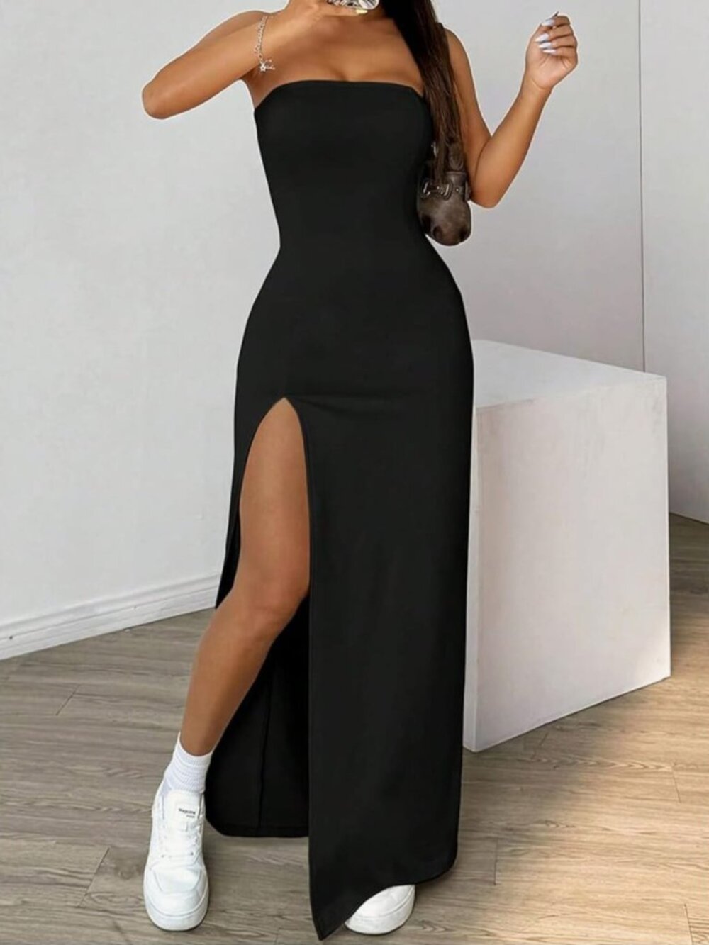 Women's sexy strapless backless high-slit bodycon maxi dress for cocktail partie